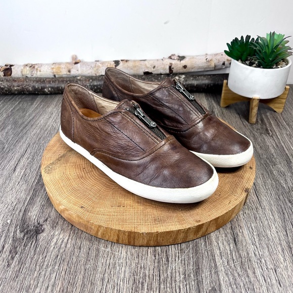 Frye Shoes - Frye | Brown Leather Dylan Zip Moto Slip On Sneakers Size 8M